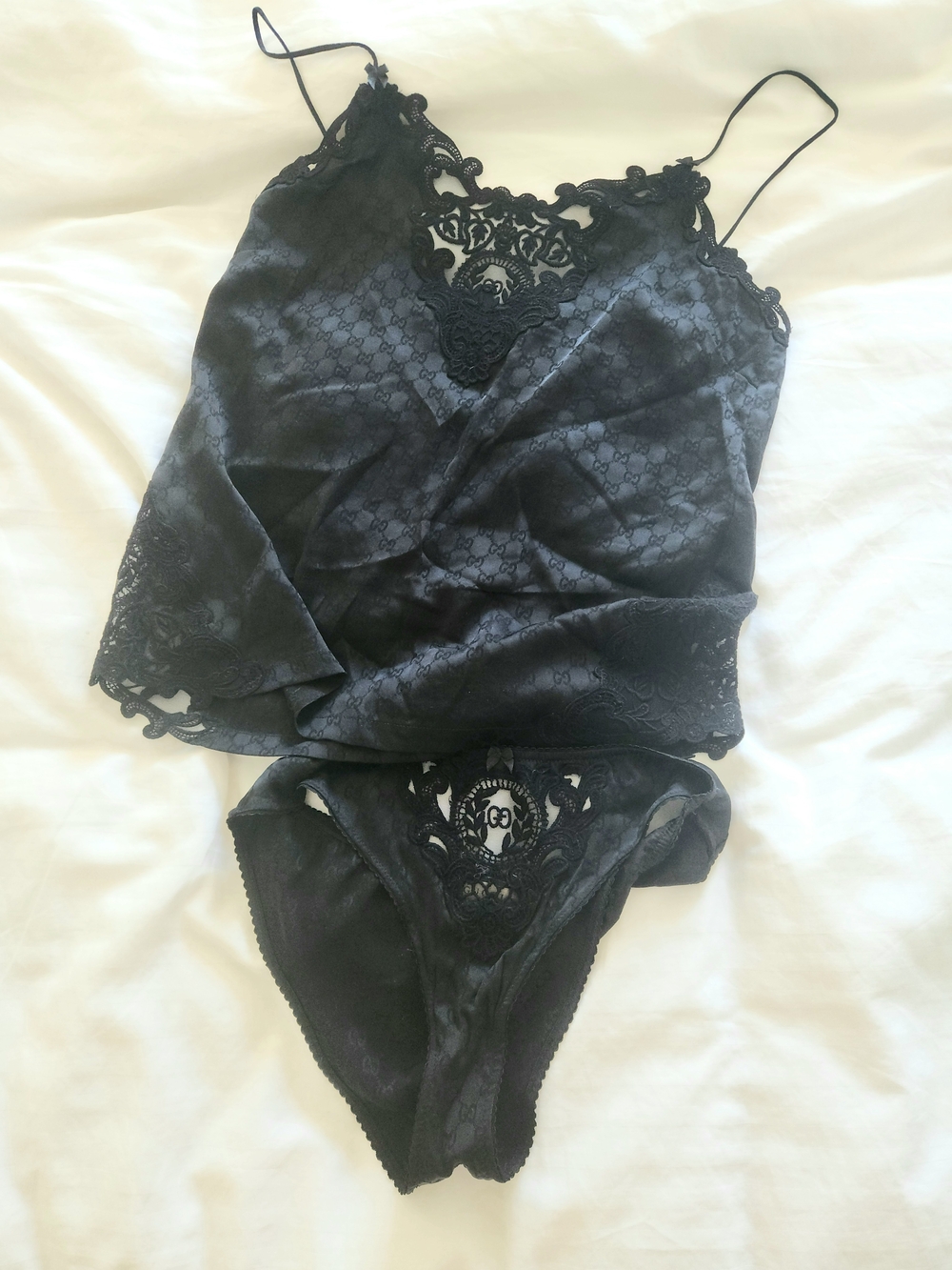 Gucci Limited Edition Black Lace-Trim Satin Camisole & Brief Set